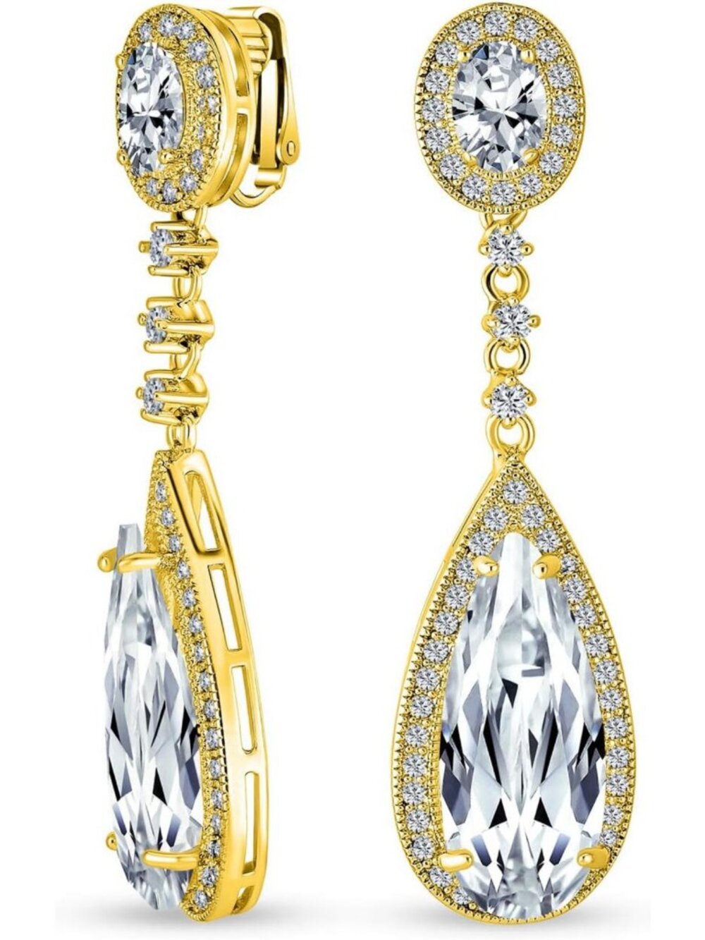Elegant CZ Halo Teardrop Chandelier Clip-On Earrings - Silver Plated, Formal